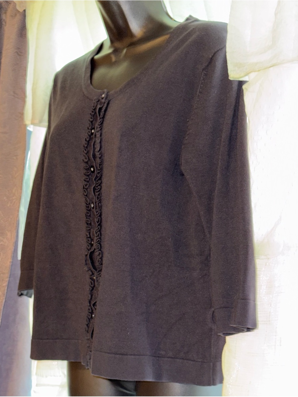 Dark academia Lands End Black Ruffle-Trim Knit Cardigan button down